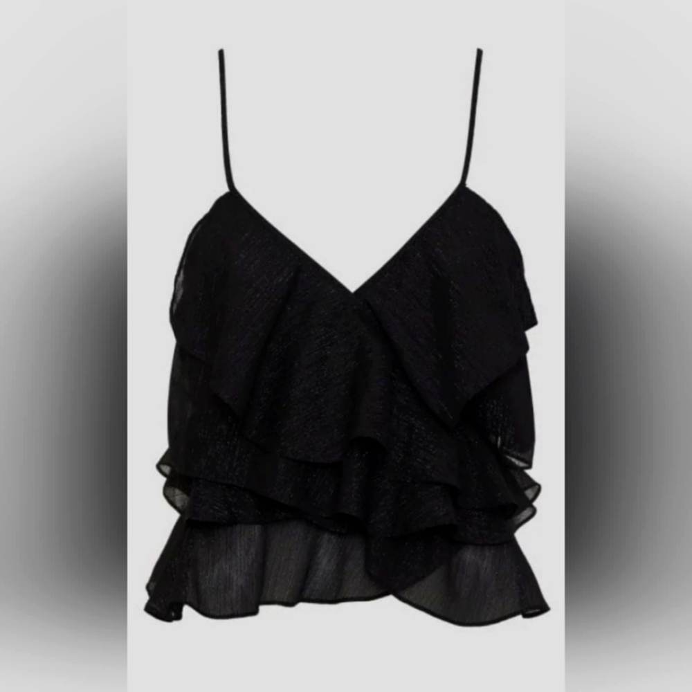 Elegant Black Ruffled Women's Top Tango Tank in Black Shimmer